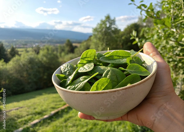 Obraz Fresh Spinach Bowl in Mountain View: A hand holds a bowl brimming with vibrant, fresh spinach leaves against a backdrop of a picturesque mountain view and lush greenery.