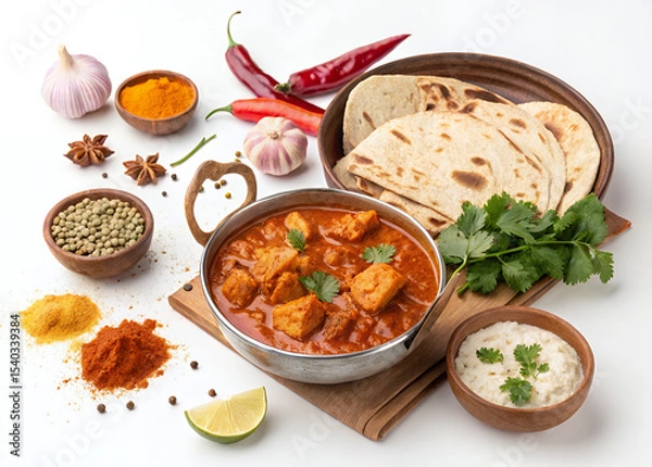 Obraz Indian Culinary Symphony: An exquisite assortment of ingredients and dishes for a tantalizing Indian meal, inviting the viewer to indulge in the rich flavors and aromas of traditional cuisine.