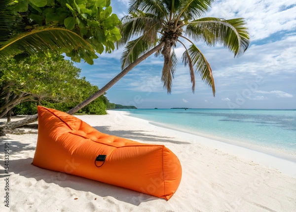 Obraz Orange Lounge on the Beach: An inviting orange lounge chair beckons on a pristine tropical beach, offering a serene escape with clear turquoise water and swaying palm trees.