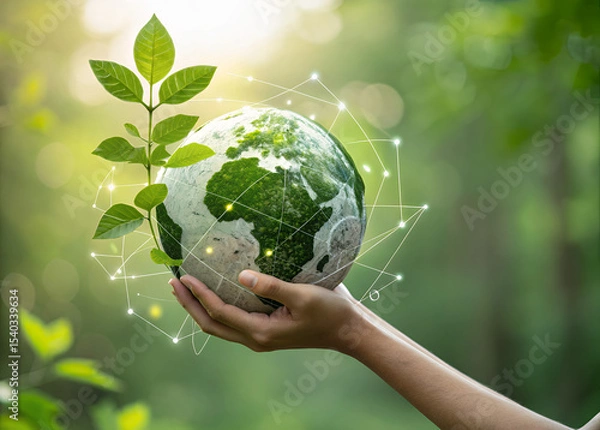 Obraz Guardians of the Green Planet: A symbolic image representing environmental stewardship. A hand gently cradles a vibrant globe, from which new plant life flourishes.