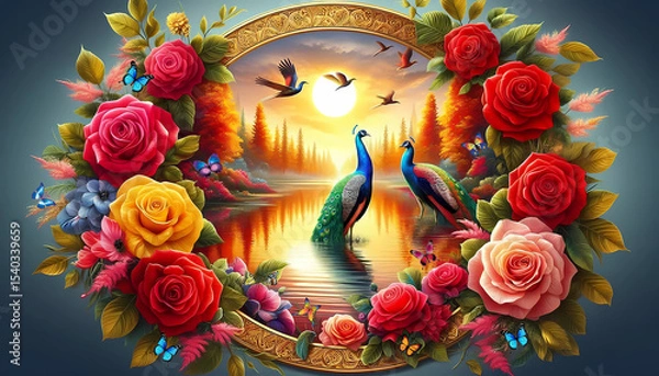 Fototapeta Picture of peacocks with the beauty of nature  in a gold frame. Multicolor artistic pattern artwork for creative graphic design. peacock.(02)