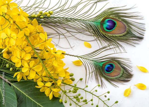 Obraz Golden Shower Flowers with Peacock Feathers: A captivating close-up showcases the delicate beauty of Golden Shower flowers alongside two vibrant peacock feathers, creating a stunning visual contrast.