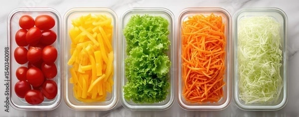 Fototapeta Five glass containers filled with fresh vegetables: cherry tomatoes, sliced yellow bell peppers, leafy lettuce, shredded carrots, and shredded cabbage.