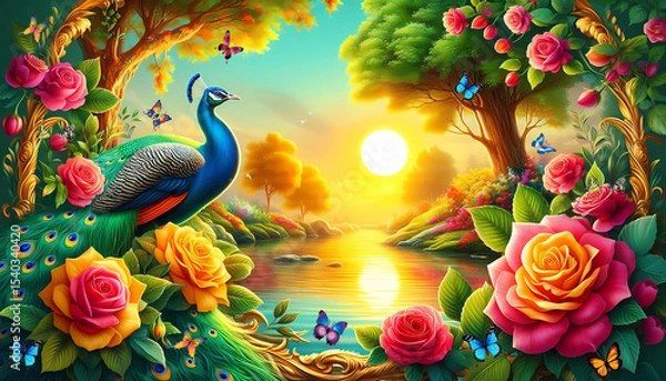 Fototapeta Picture of peacocks with the beauty of nature  in a gold frame. Multicolor artistic pattern artwork for creative graphic design. peacock.(07)