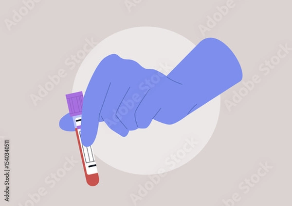 Obraz A gloved hand gently holds a blood sample tube, representing the essential step in health diagnostics, highlighting the significance of lab blood tests within a contemporary medical space
