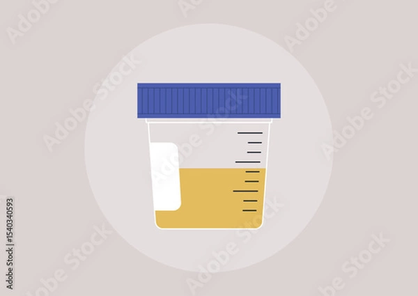 Obraz Clear container holds a yellow urine sample for laboratory analysis, showcasing medical testing procedures and health assessments in a sterile environment