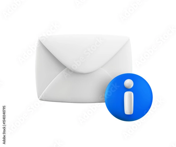 Fototapeta Vector cartoon 3d Information Email icon. 3d render white envelope with round blue info sign. Letter with FAQ Document, important information notification, support help mail concept for app, ui, game.