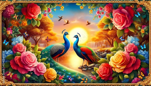 Fototapeta Picture of peacocks with the beauty of nature  in a gold frame. Multicolor artistic pattern artwork for creative graphic design. peacock.(09)