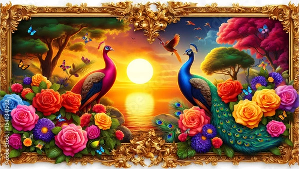 Fototapeta Picture of peacocks with the beauty of nature  in a gold frame. Multicolor artistic pattern artwork for creative graphic design. peacock.(14)