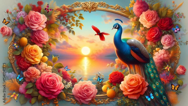 Fototapeta Picture of peacocks with the beauty of nature  in a gold frame. Multicolor artistic pattern artwork for creative graphic design. peacock.(16)