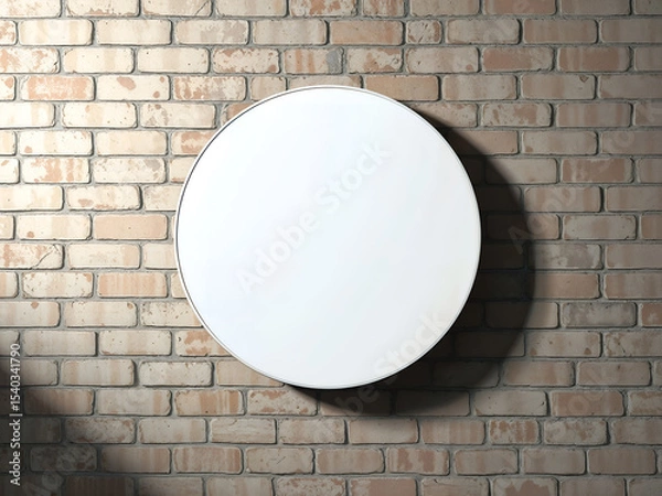 Fototapeta Circular white signage with shadow mounted on textured brick wall. Great for branding or product mockups. Generative AI