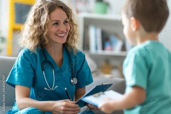 Obraz A smiling healthcare professional interacts with a young child, creating a warm and friendly atmosphere in a clinical setting.