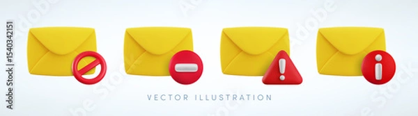 Fototapeta Vector cartoon 3d no spam mail icon set. Realistic 3d render of yellow envelope with red circle stop, attention, info and exclamation sign. Forbidden mailing, blocked message notification sticker.
