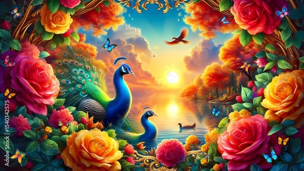 Fototapeta Picture of peacocks with the beauty of nature  in a gold frame. Multicolor artistic pattern artwork for creative graphic design. peacock.(17)