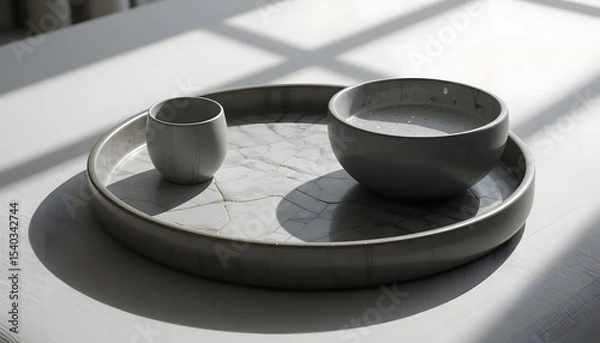 Obraz Close-up of modern ceramic tray with minimalist accessories, soft shadows, elevated home decor
