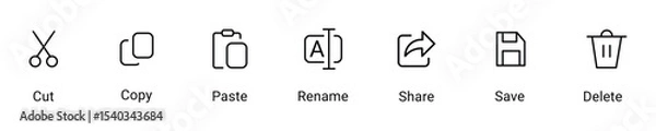 Fototapeta Set of Cut, copy, paste, rename, share, save and delete icon symbol in line style, vector illustration .