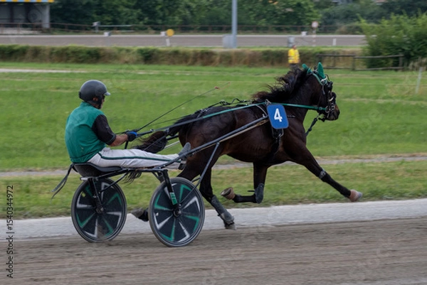 Obraz Modena, Italy – 05 18 2025: Racing horses trots and rider on a track of stadium. Competitions for trotting horse racing. Horses compete in harness racing. Horse runing at the track with rider.
