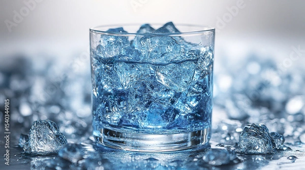 Fototapeta refreshing glass filled with shimmering blue ice cubes, creating cool atmosphere