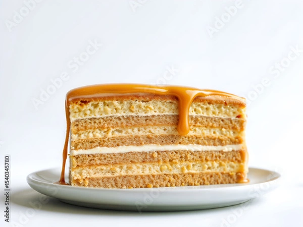 Fototapeta Slice of caramel layered cake with chocolate topping and syrup, isolated on white. Generative AI