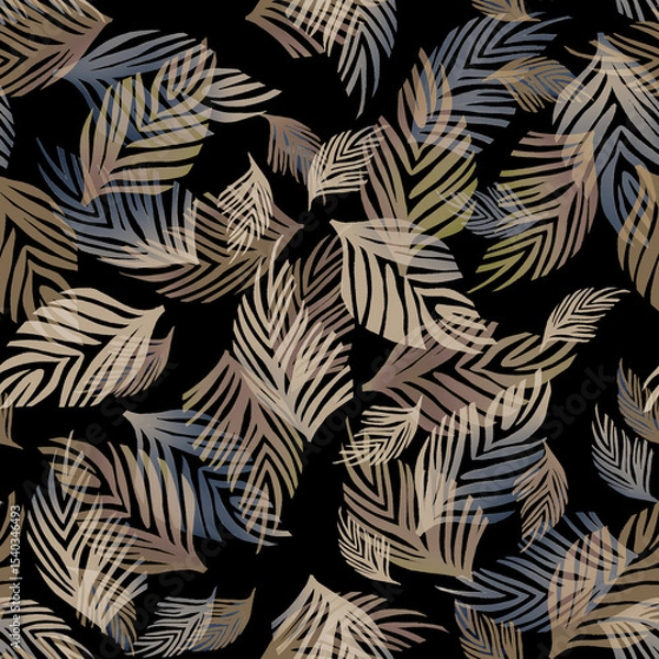 Fototapeta Seamless abstract pattern featuring decorative palm leaves in shades of beige, brown, blue, and olive green on a black background. This stylish and modern design is perfect for textile.