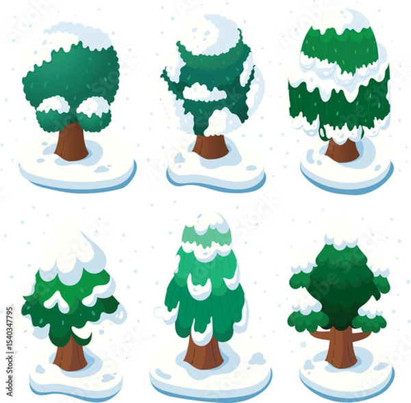 Fototapeta Isometric Snowy Winter Trees Vector Illustration