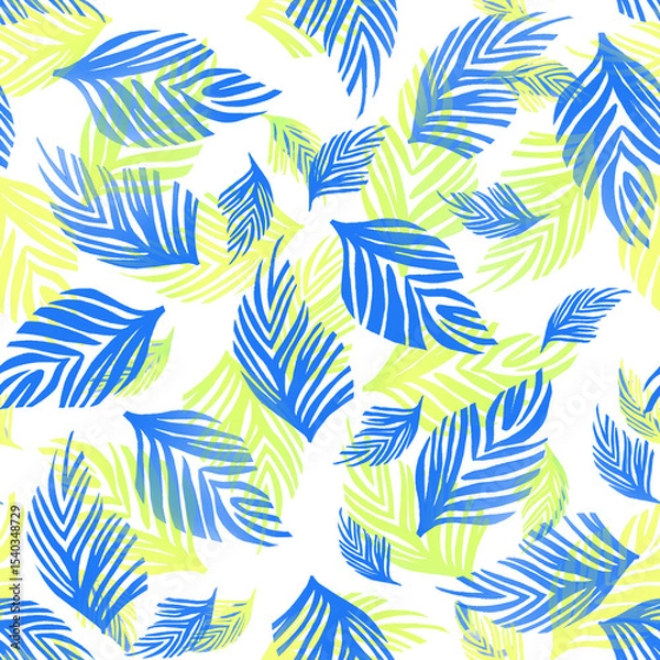 Fototapeta seamless pattern with tropical palm leaves in vivid blue and lime green colors. Perfect for summer-themed textile design, wallpapers, wrapping paper,seamless pattern with flio colour leaves