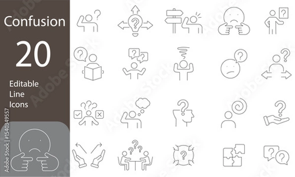 Fototapeta Confusion Editable Line Icons Set. uncertain, lost, unclear, misunderstand, hesitation, ambiguity, and more. Vector illuatration