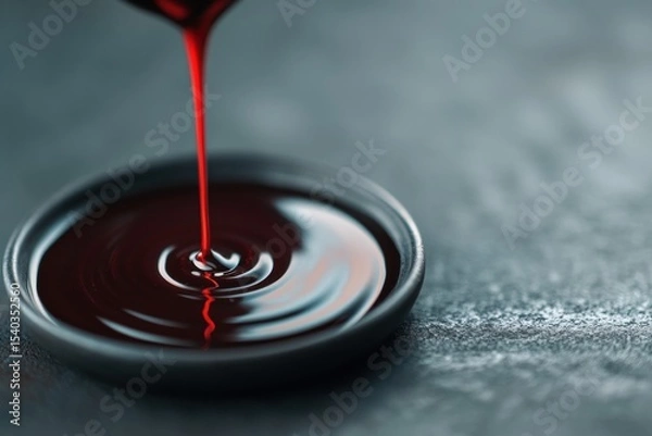 Fototapeta A small amount of red liquid is dripping from a container into a black bowl
