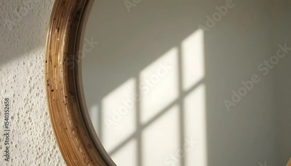 Obraz Macro view of a round mirror with a wooden frame, sunlit wall reflection, natural color palette