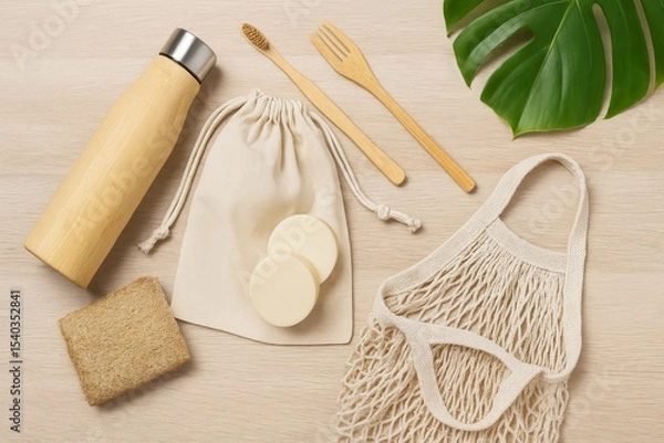 Fototapeta Eco Friendly Toiletry Set with Bamboo Essentials

