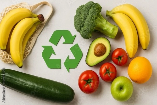 Fototapeta Fresh Fruits with Recycle Symbol on Background
