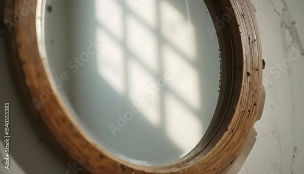 Obraz Macro view of a round mirror with a wooden frame, sunlit wall reflection, natural color palette