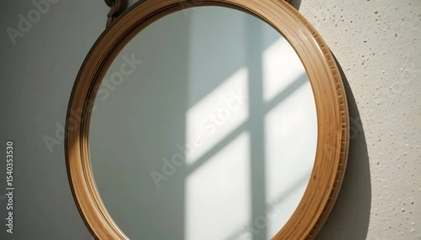 Obraz Macro view of a round mirror with a wooden frame, sunlit wall reflection, natural color palette