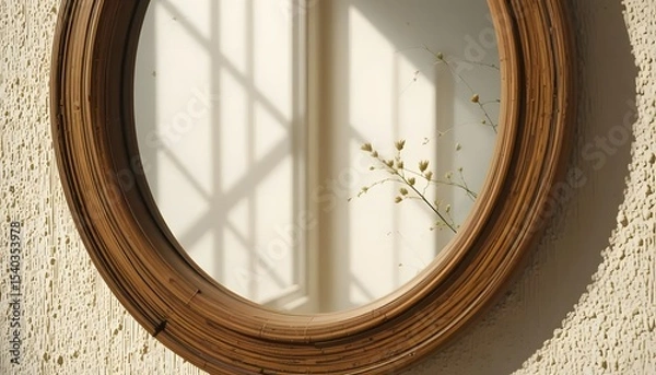 Obraz Macro view of a round mirror with a wooden frame, sunlit wall reflection, natural color palette