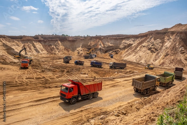 Fototapeta Active work in a sand quarry. Bucket trucks load sand into trucks.