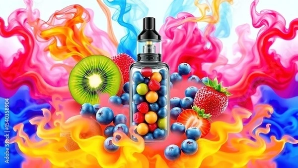 Fototapeta Modern digital artwork of a vape device surrounded by vibrant fruits and colorful swirling smoke. Bright and energetic composition.