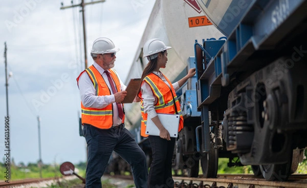 Fototapeta Engineer manager and a secretary working together railway track during inspection or routine maintenance gas or oil power industrial or transportation setting the rail train import export logistics.