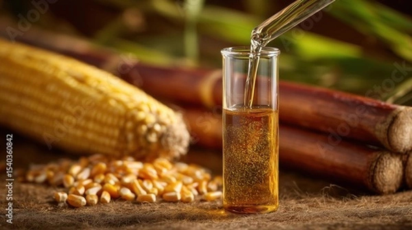 Fototapeta High-resolution image of sustainable ethanol fuel being poured into a transparent test tube, surrounded by corn kernels and sugarcane, soft shadows, eco-lab environment
