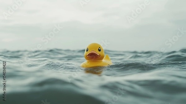Fototapeta Yellow rubber duck floating alone in the middle of the ocean, surrounded by waves under a cloudy sky. The surreal, humorous scene contrasts a child's toy with the vastness of open water.