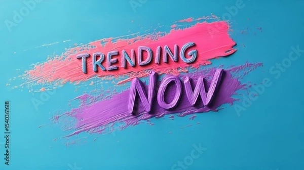 Fototapeta Bold “Trending Now” text on a colorful paintbrush stroke background over blue. This vibrant, eye-catching design is perfect for promotions, social media, pop culture, and modern digital content.