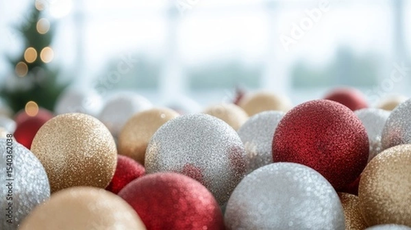 Fototapeta Close-up of glittery red, silver, gold, and white Christmas ornaments. The soft focus and cool-toned background create a festive and elegant holiday atmosphere perfect for seasonal design themes.