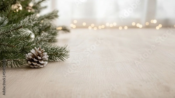 Fototapeta Minimalist Christmas background with a frosted pinecone and evergreen branch on a light wooden surface. Soft string lights and sheer curtains add a warm, festive, and cozy holiday atmosphere.