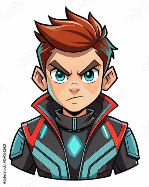 Fototapeta angry Boy cyber punk realistic  design and bold line black ,Full body , white background ,full  color