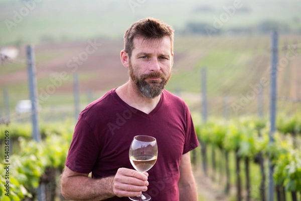 Fototapeta happy man tasting wine in a vineyard