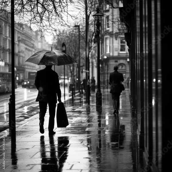 Fototapeta People Walking with Umbrellas on a Rainy Day in European City – Black and White Street Photography
