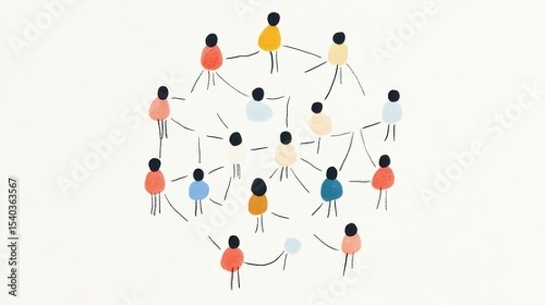 Fototapeta Simple, colorful stick figure drawing of diverse people holding hands in a circle on a white background. This playful illustration symbolizes community, teamwork, unity, friendship, and inclusivity.