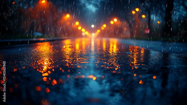 Obraz Night rain falls on an empty street lit by rows of warm lanterns, their orange glow reflected in the wet asphalt.