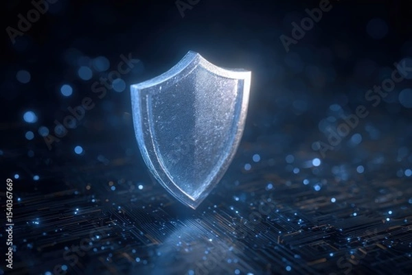 Obraz A metallic shield stands prominently against a dark background filled with glowing particles, representing protection and cybersecurity. The design highlights a modern, digital aesthetic.