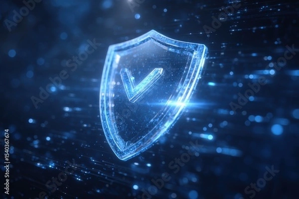 Fototapeta A glowing shield symbol shines against a vibrant blue backdrop of particles and light trails, evoking a sense of digital security and technological progress in a futuristic world.