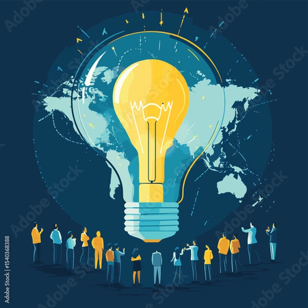 Obraz Business team celebrates global innovation with lightbulb and world map background design concept, vector style simple color